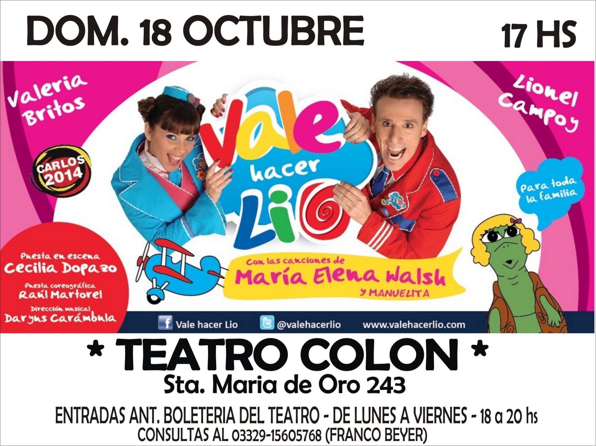 El Domingo 18 de Octubre a las 17hs, llega al Teatro Colon de Baradero «Vale hacer Lio»