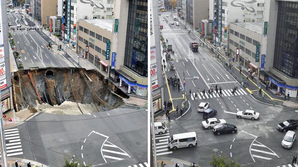 Japón, récord: un enorme agujero en medio de una ciudad fue reparado en 48 horas