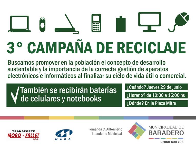 3° campaña de reciclaje y reutilización de aparatos eléctricos, electrónicos, batería de celular y notebook