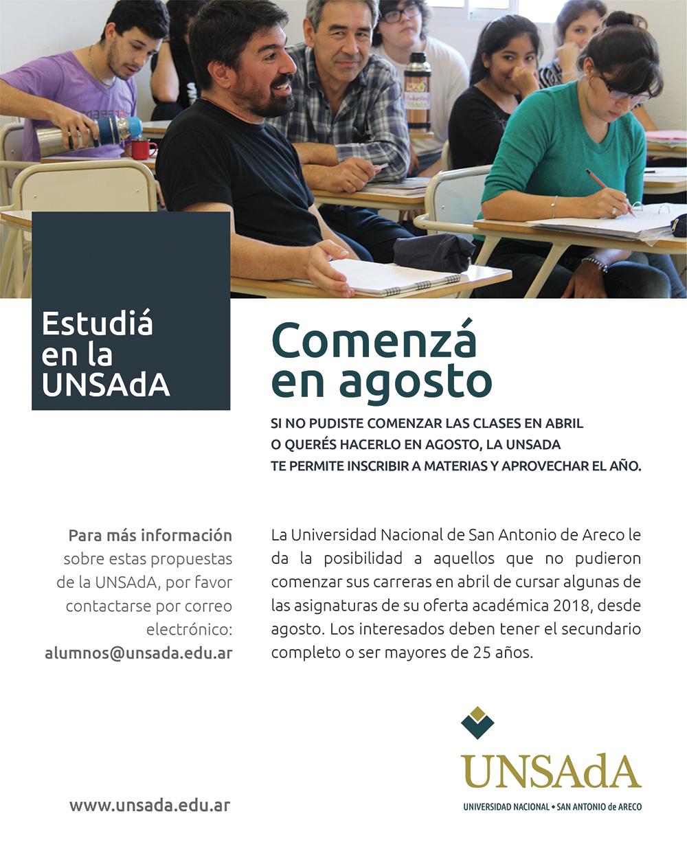 Reapertura de carreras para nuevos ingresantes al 2do cuatrimestre de la UNSADA.