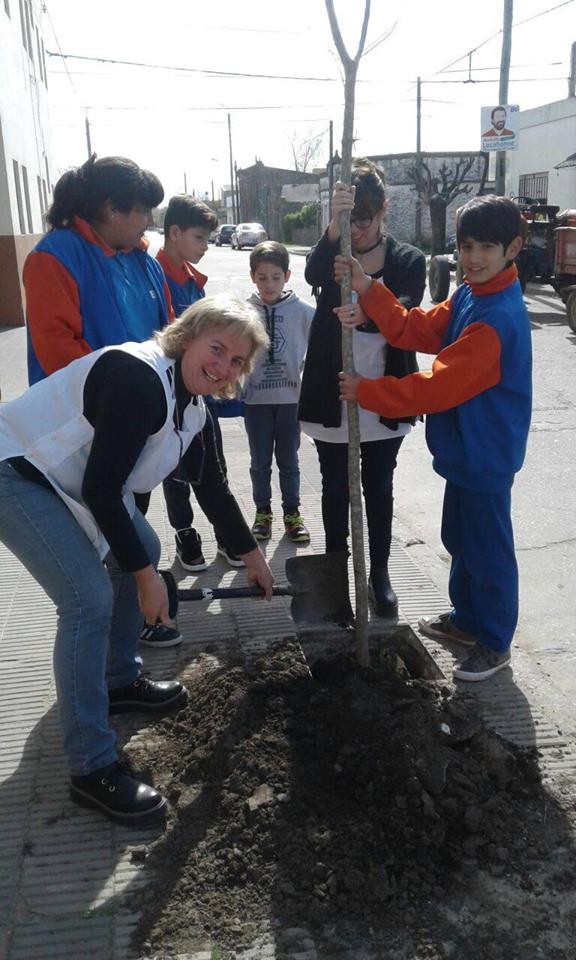 Escuela N° 7. Plantación de árboles en la vereda