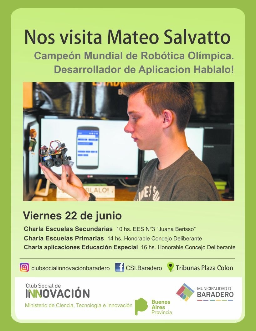 Nos visita Mateo Salvatto, campeón mundial de robótica olímpica