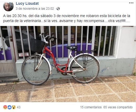 Le robaron la bicicleta por segunda vez y ofrece recompensa