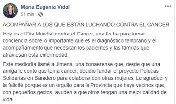 La gobernadora Vidal llamó a Pelucas Solidarias en el día mundial de la lucha contra el cáncer