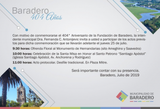 Invitación | Acto protocolar del 404° Aniversario de la Fundación de Baradero