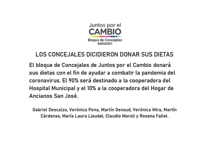 Coronavirus: Los concejales de Juntos por el Cambio donarán sus sueldos