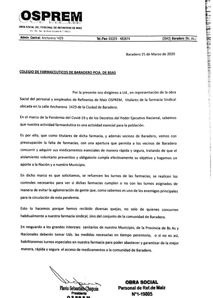 OSPREM elevó una nota al colegio de farmacéuticos para aumentar la cantidad de farmacias de turno