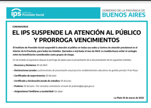 #Coronavirus | El IPS suspende la atención al público y prorroga vencimiento