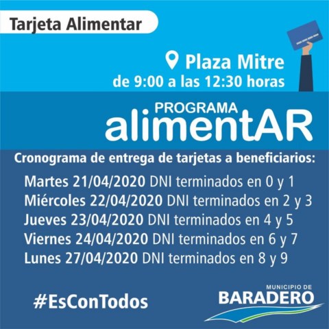 Cronograma de entrega de Tarjetas Alimentar a beneficiarios