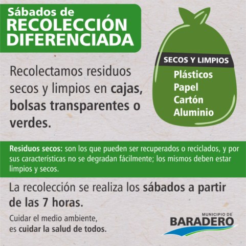 ¡Recordatorio! Los sábados el municipio realiza la recolección diferenciada de residuos secos y limpios