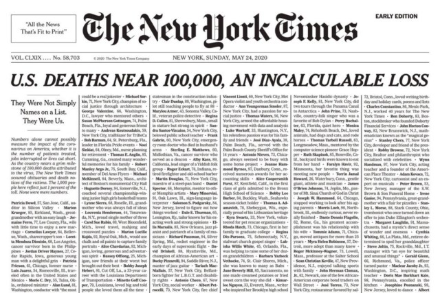 Coronavirus: La tapa del The New York Times refleja el impacto por las 100.000 muertes en EE.UU.