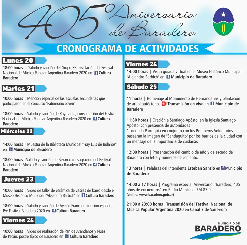 #AniversarioBaradero: Cronograma virtual del 405° Aniversario de Baradero