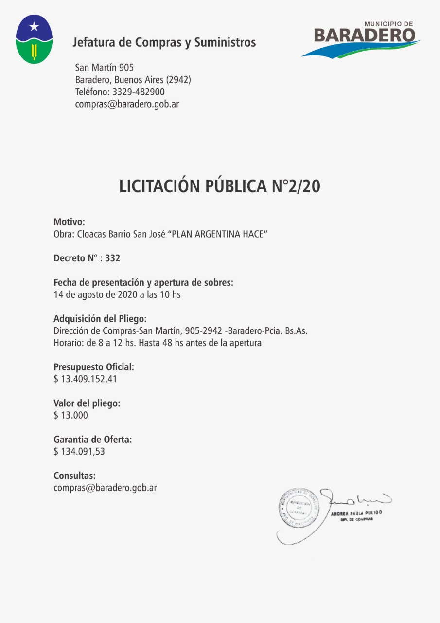 Municipio de Baradero: Licitación Pública N°2/20