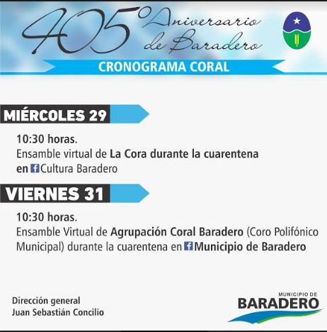 Cronograma de la participación de la Agrupación Coral y La Cora en el marco del aniversario de Baradero