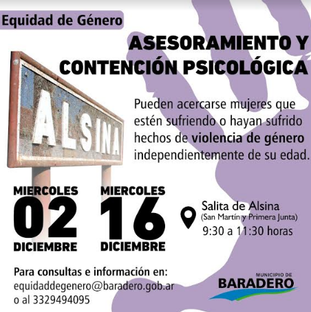 #EquidadDeGénero | Asesoramiento y contención psicológica en Alsina