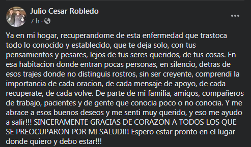 Coronavirus: El Dr. Robledo ya está recuperándose en su hogar