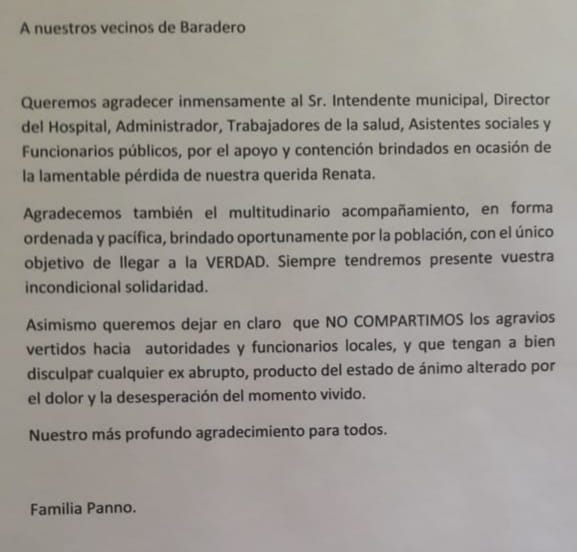 La familia de Renata Panno agradeció el apoyo de la comunidad