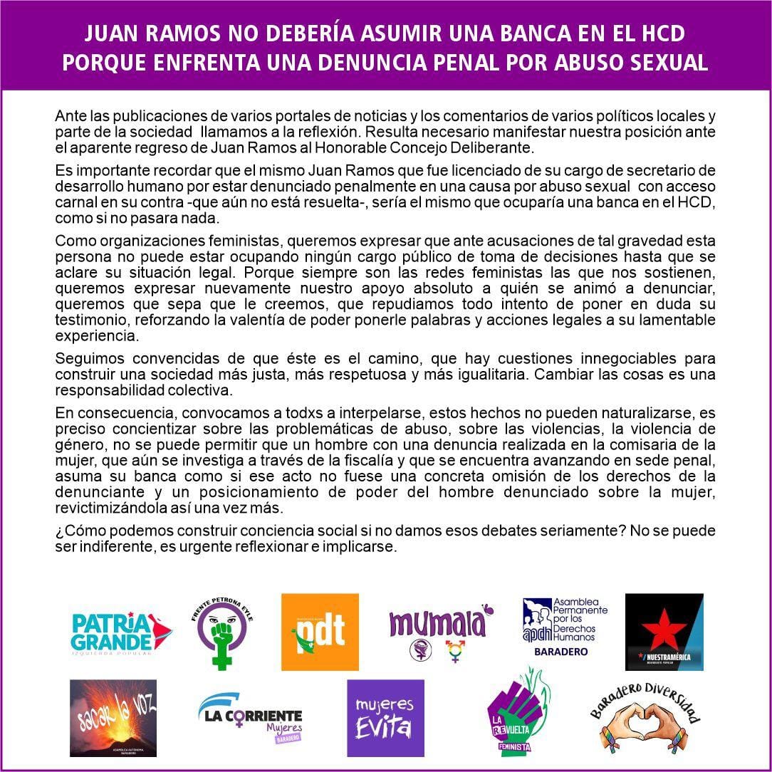 Politica: Organizaciones feministas rechazan la vuelta de Ramos al concejo
