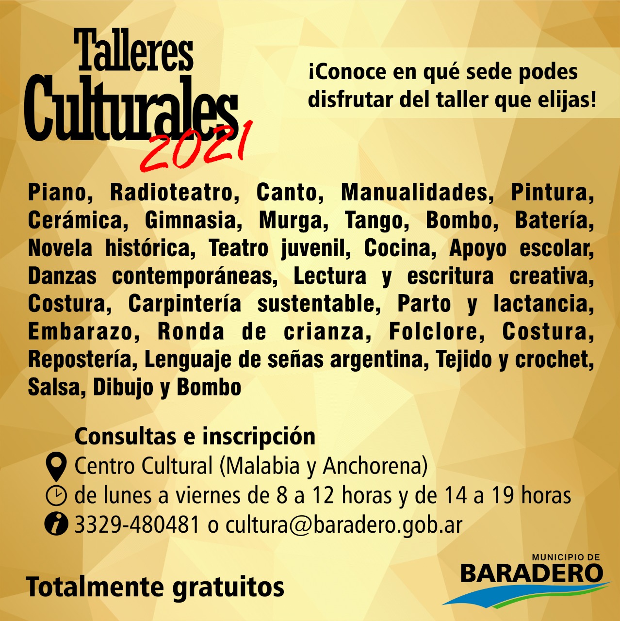 #Cultura #Deporte | Están abiertas las inscripciones para los Talleres Culturales y Escuelas Deportivas 2021