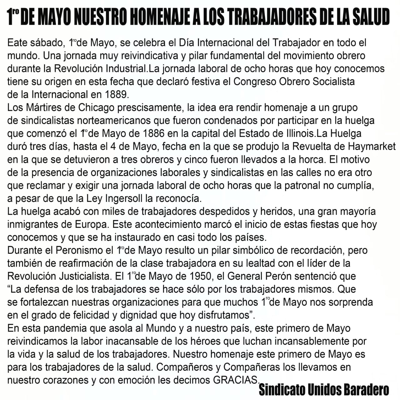 1 de Mayo: Nuestro homenaje a los trabajadores de la salud