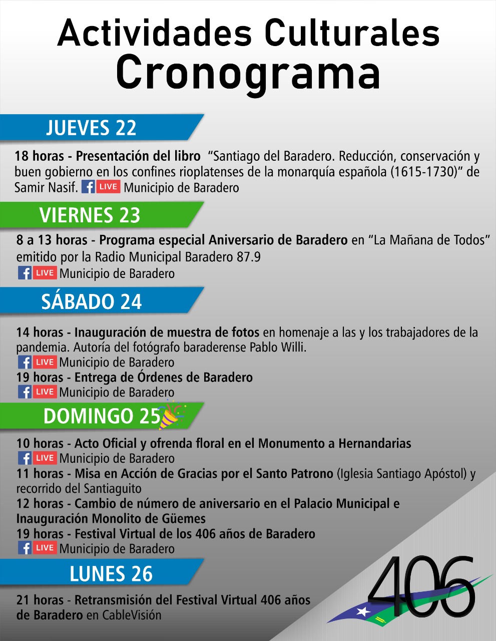 #Baradero406 | Cronograma cultural de actividades del 406° Aniversario de Baradero