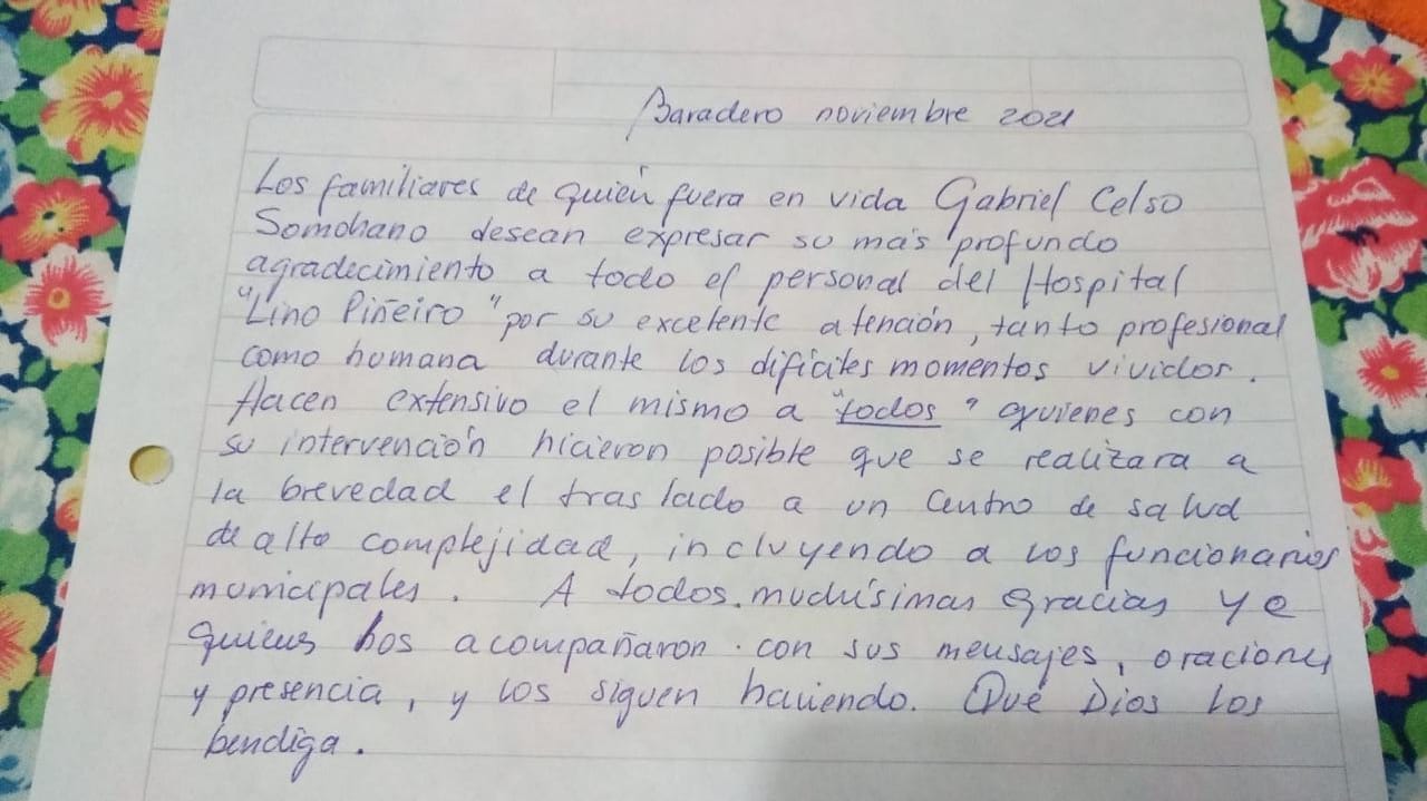 Publicación Solicitada: Agradecimiento de la familia de Gabriel Celso Somohano
