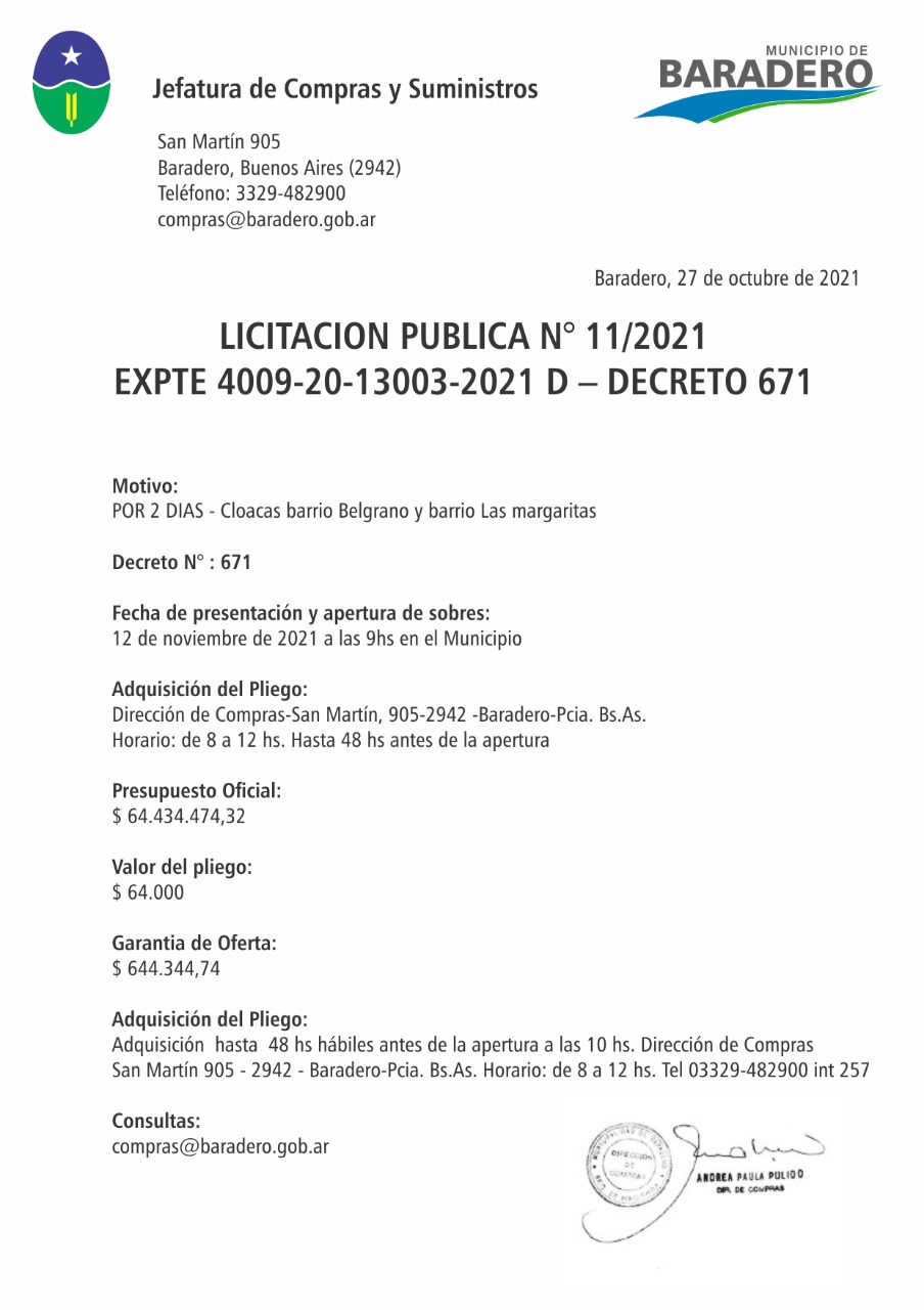 Licitación Pública – Cloacas barrio Belgrano y barrio Las Margaritas