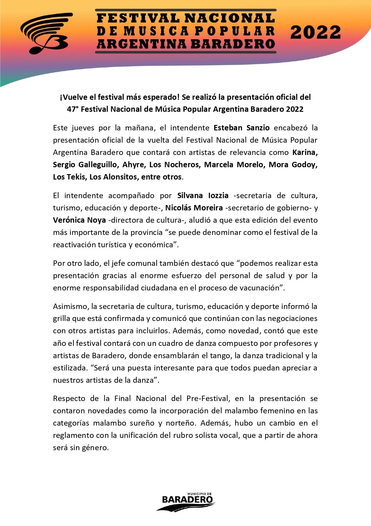 ¡Vuelve el festival más esperado! Se realizó la presentación oficial del 47° Festival Nacional de Música Popular Argentina Baradero 2022