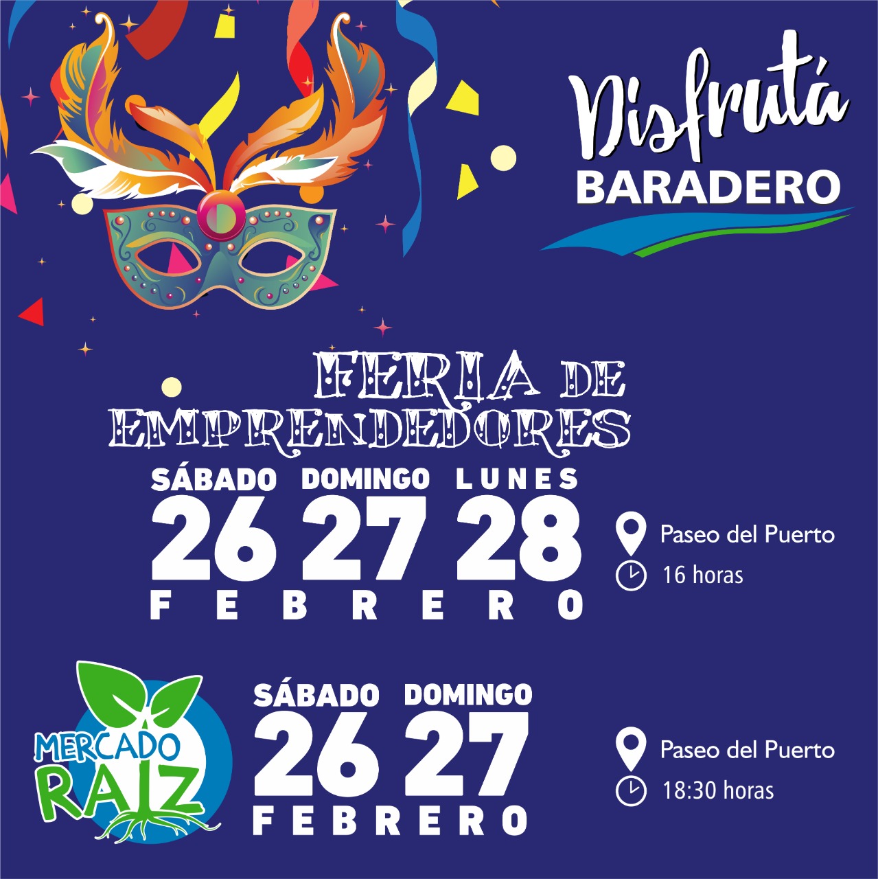 Fin de semana de carnaval en el Paseo del Puerto: se aproxima Mercado Raíz y la Feria de Emprendedores