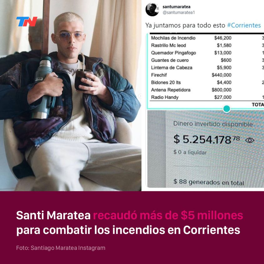 Santiago Maratea realizó una colecta solidaria para colaborar con quienes combaten el fuego en Corrientes