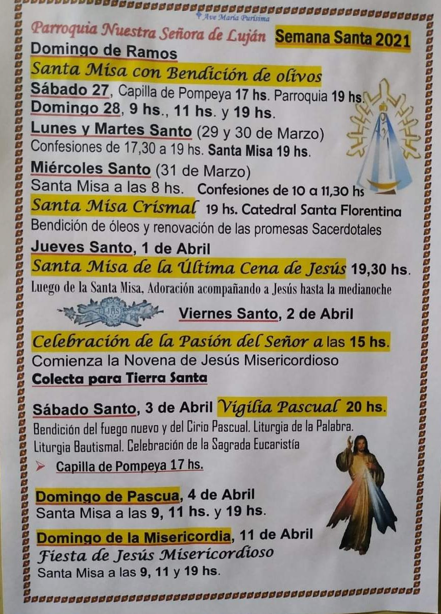 Programa de actividades en esta Semana Santa, de la Parroquia Nuestra Señora de Lujan Baradero.