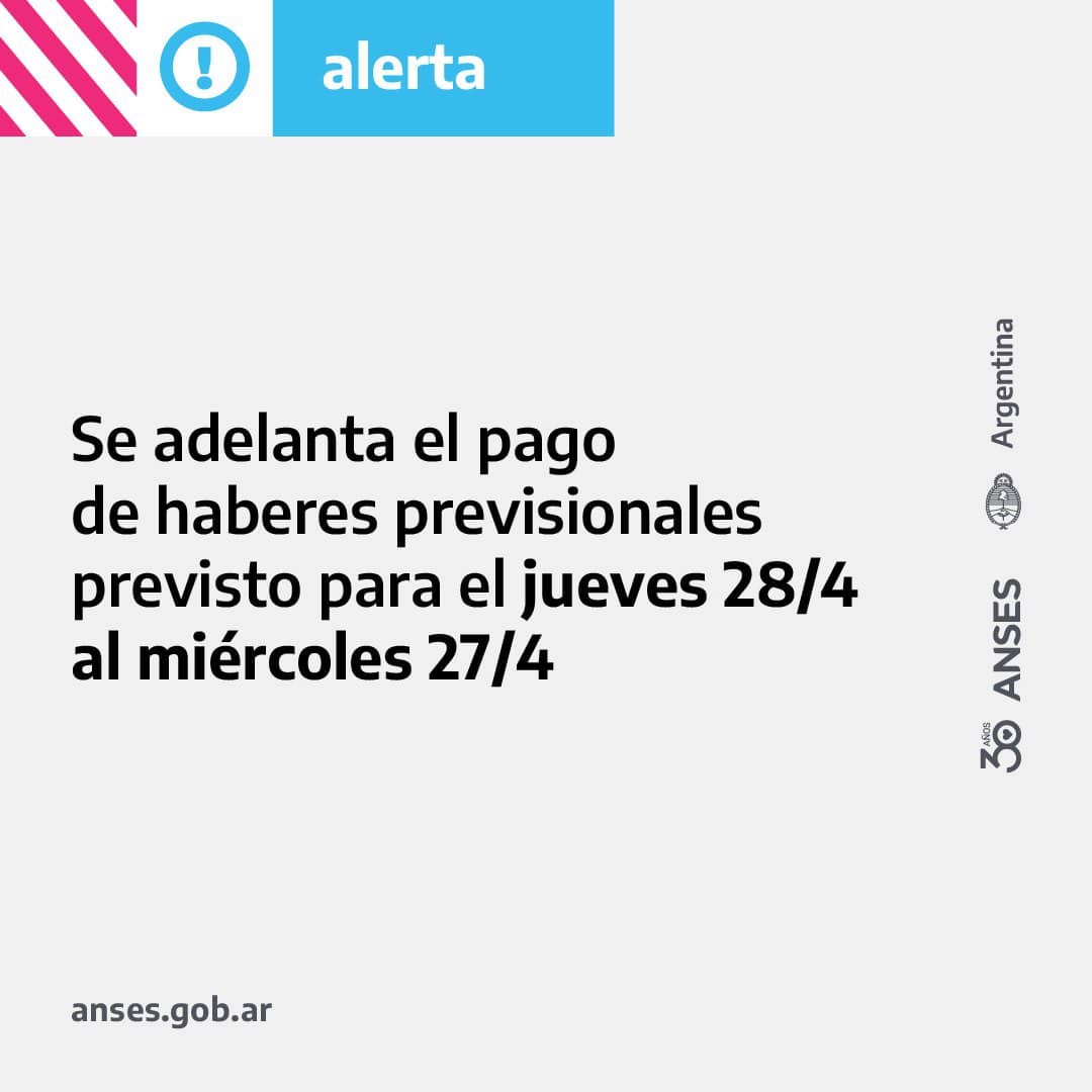 Informamos que con motivo del posible paro bancario previsto para el día 28 de abril, los pagos previstos para esa fecha serán adelantados al 27 de abril.