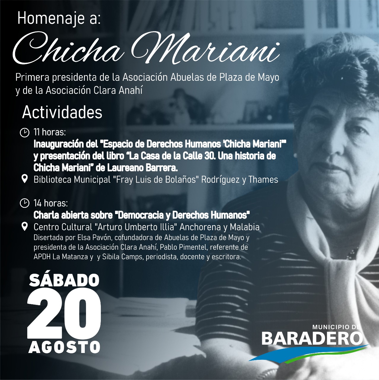 El municipio realizará un homenaje a “Chicha” Mariani, primera presidenta de la Asociación Abuelas de Plaza de Mayo y de la Asociación Clara Anahí