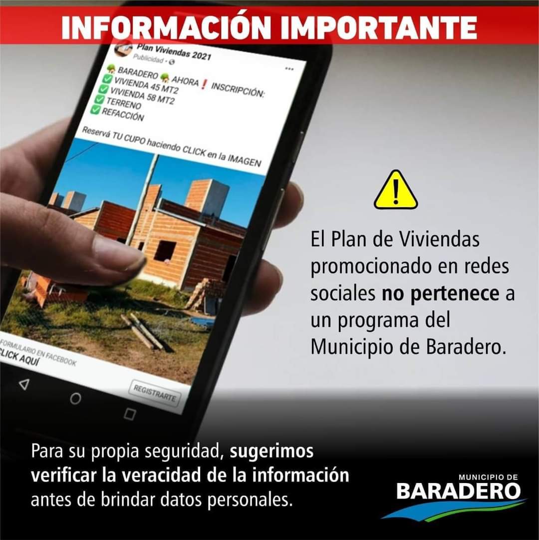 El Municipio de Baradero informa que no se están desarrollando relevamientos presenciales para entrega de viviendas.