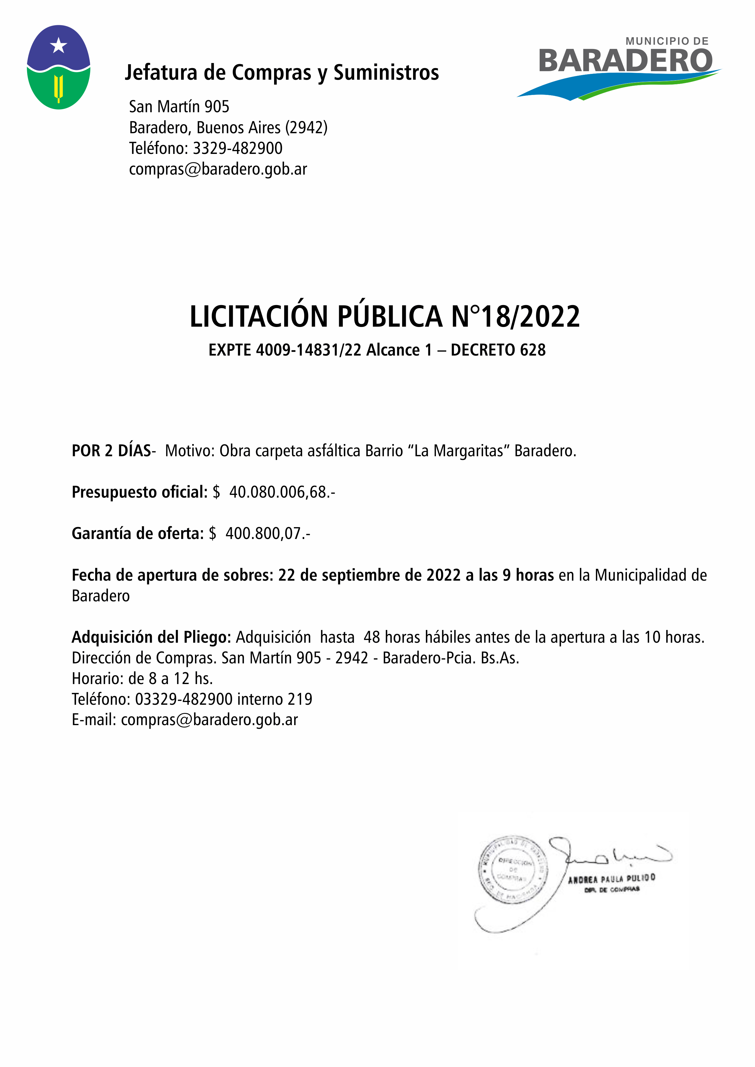 Licitación Carpeta asfáltica obra barrio «Las Margaritas»