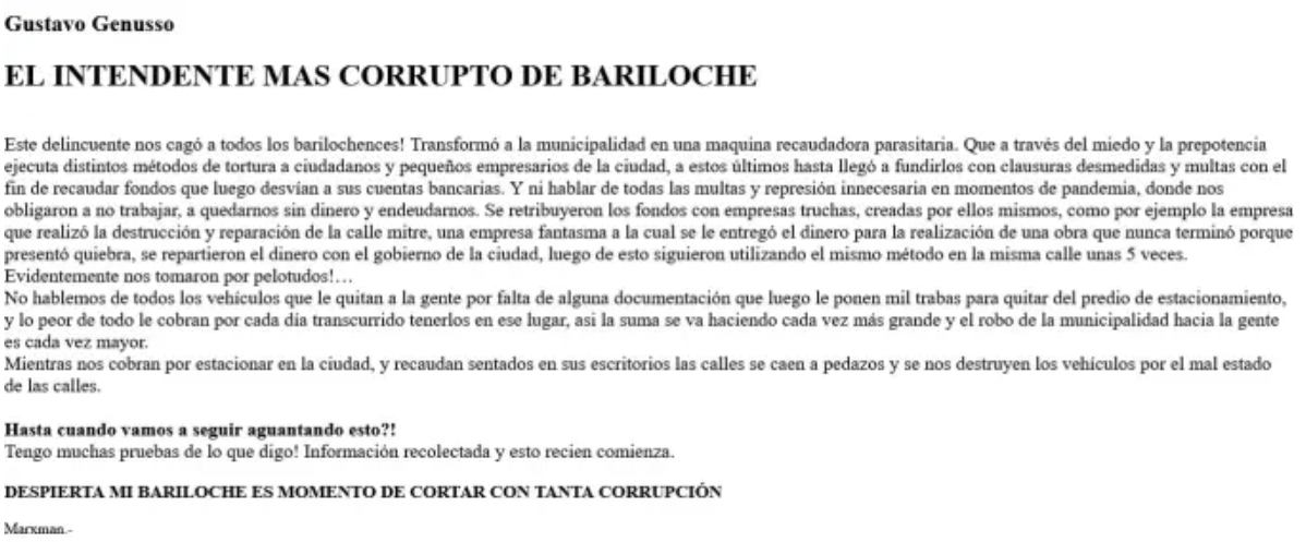 Hackearon la pagina del Municipio de Bariloche y dejaron un fuerte mensaje contra el Intendente Gustavo Gennuso
