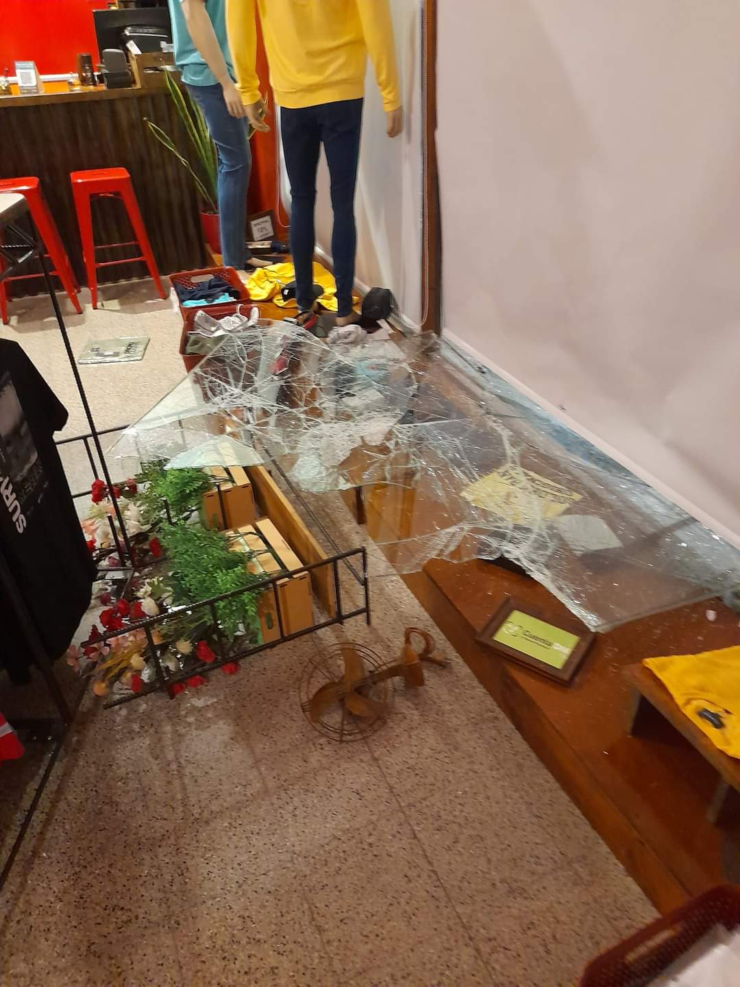 Destrozos y robo importante en comercio local