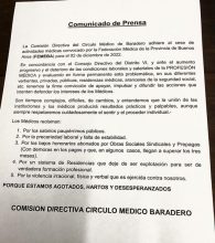 La Comisión Directiva del Círculo Médico de BARADERO adhiere al cese de actividades de los Profesionales Médicos