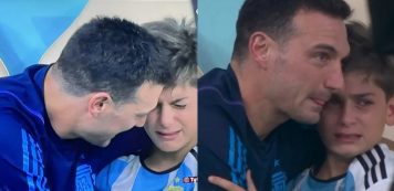 El hijo de Lionel Scaloni rompió en llanto tras el triunfo de Argentina y entró a la cancha a festejar con su papá
