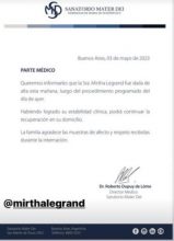 Mirtha Legrand fue dada de alta