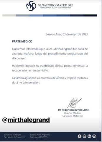 Mirtha Legrand fue dada de alta