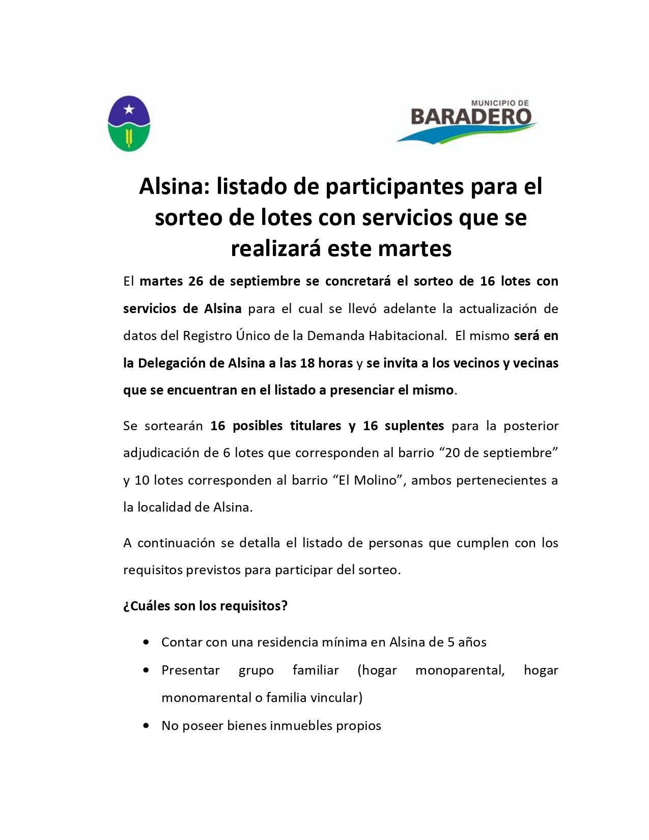 Alsina: listado de participantes para el sorteo de lotes con servicios que se realizará este martes