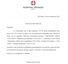 Hospital Privado Sadiv, Comunicado Oficial.