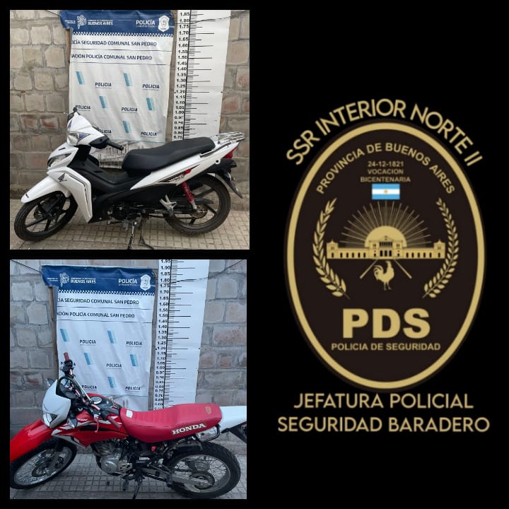 Recuperan en San Pedro dos motos robadas en Baradero