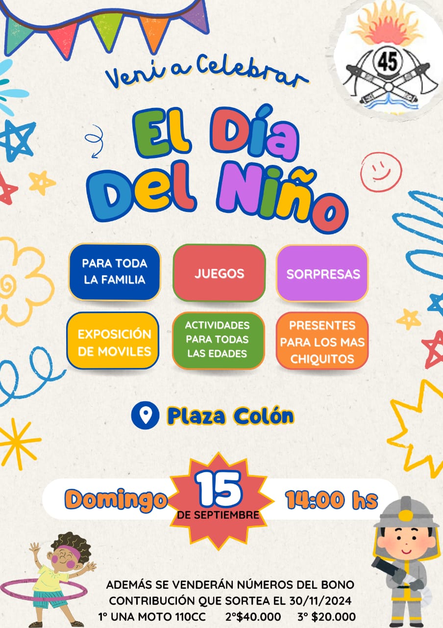 El domingo 15 a las 14 hs : Fiesta de niñeces en la plaza Colon.