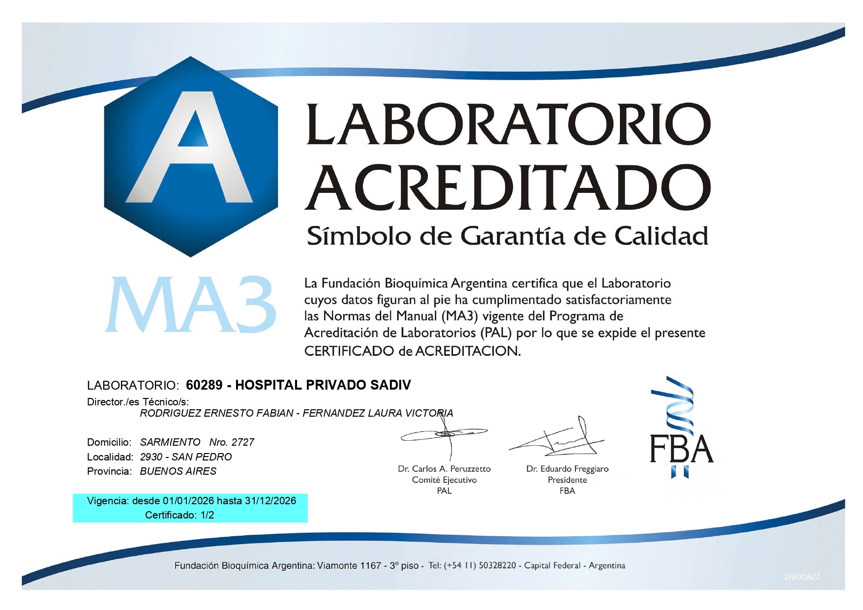 El Laboratorio del Hospital Privado SADIV obtuvo su primera Acreditación en Calidad