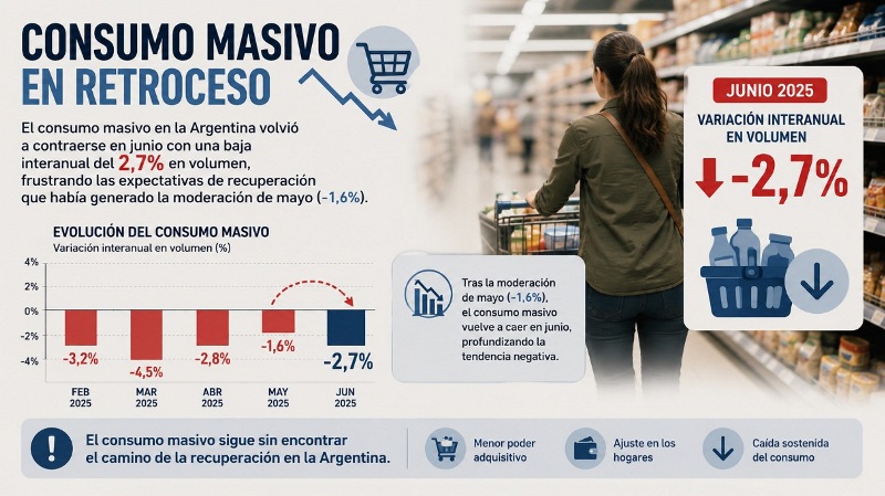 El consumo masivo cayó 2,7% en junio y profundizó su retroceso anual de casi 3%